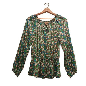 Ellen Tracy Top Womens Size Small Green Multi Polka Dot Keyhole Neck Pullover
